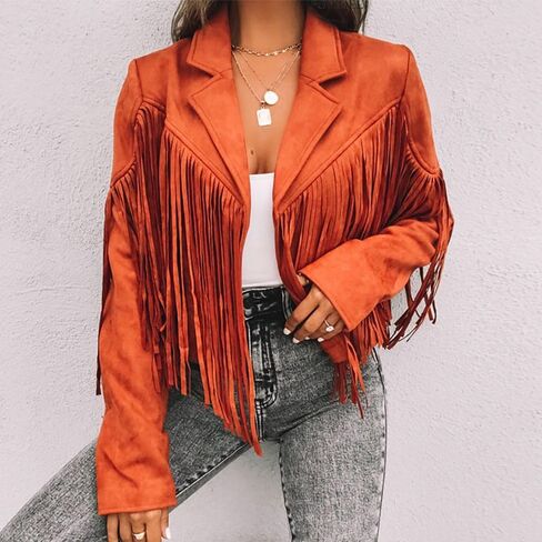 Women's Fringe Western Denim Short Jacket Blazer Collar Fringe Coat Trendy Fall Going-Out Long Sleeve Tops in Saudi Arabia