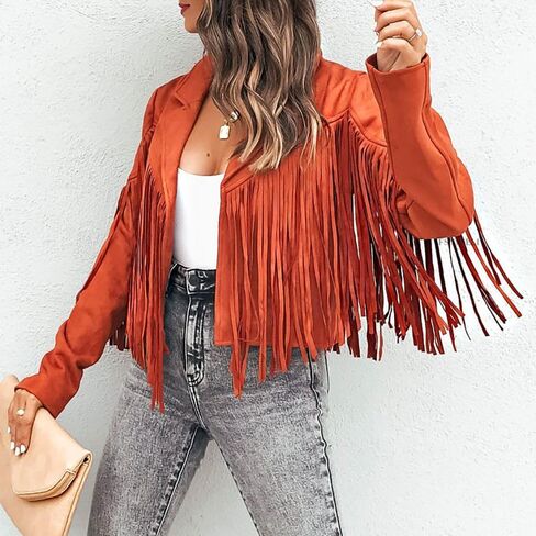Women's Fringe Western Denim Short Jacket Blazer Collar Fringe Coat Trendy Fall Going-Out Long Sleeve Tops in Saudi Arabia