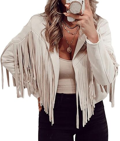 Women's Fringe Western Denim Short Jacket Blazer Collar Fringe Coat Trendy Fall Going-Out Long Sleeve Tops in Saudi Arabia