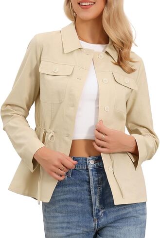 Allegra K Linen Utility Jacket for Women Button Down Drawstring Waist Lapel Lightweight Spring Jackets in Saudi Arabia