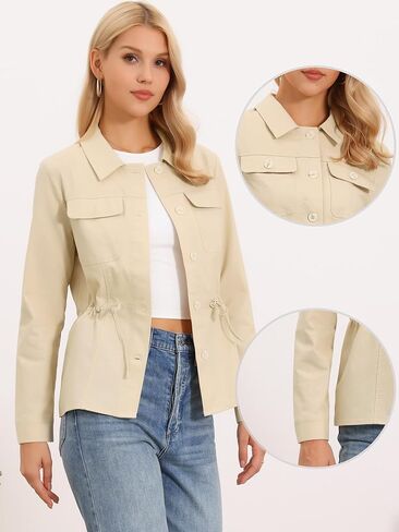 Allegra K Linen Utility Jacket for Women Button Down Drawstring Waist Lapel Lightweight Spring Jackets in Saudi Arabia