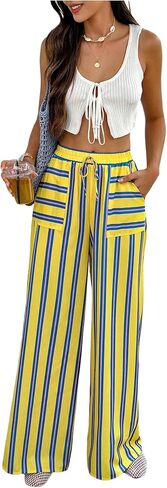 Milumia Women's Color Block Striped Wide Leg Pants High Waist Drawstring Loose Fit Trousers with Pockets in Saudi Arabia
