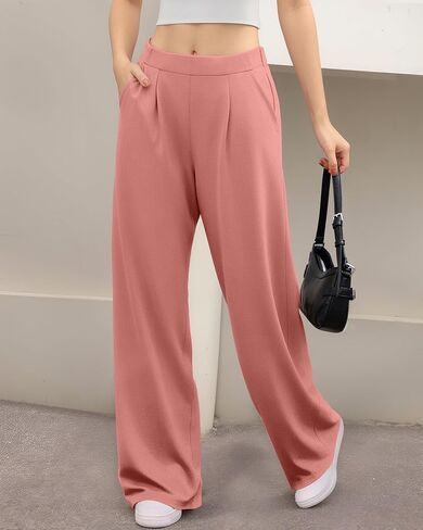 Women's High Waisted Waffle Knit Pants - Tummy Control, Loose Fit，Stretch Wide Leg, Dressy Casual in Saudi Arabia