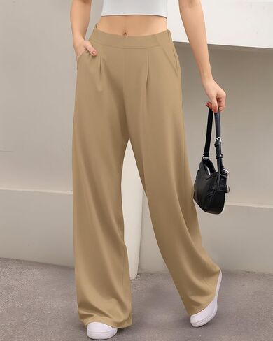 Women's High Waisted Waffle Knit Pants - Tummy Control, Loose Fit，Stretch Wide Leg, Dressy Casual in Saudi Arabia