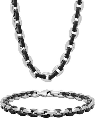 Black & White Chain & Bracelet 2pc Set - 24" Necklace & 8.5" Bracelet, Stainless Steel Hypoallergenic in Saudi Arabia