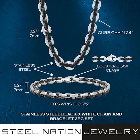 Black & White Chain & Bracelet 2pc Set - 24" Necklace & 8.5" Bracelet, Stainless Steel Hypoallergenic in Saudi Arabia