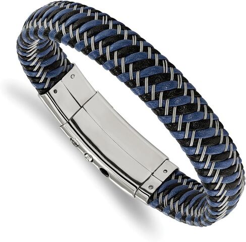Stainless Steel Men's Black and Blue Leather Adj. 7.75in to 8.25in Bracelet 7.75" in Saudi Arabia