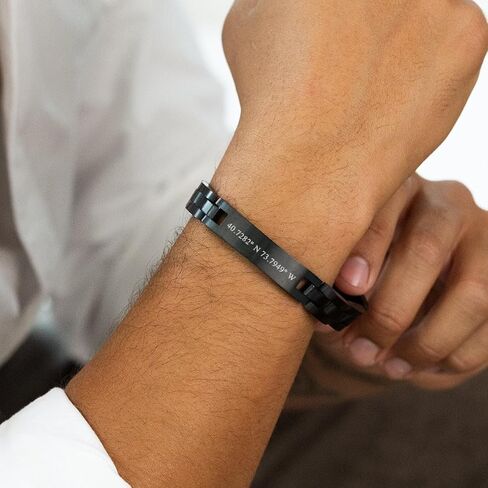 EVE'S ADDICTION Custom Black Plated Stainless Steel Men's Coordinate Bracelet, 8.5 inches - Gifts for Dad in Saudi Arabia