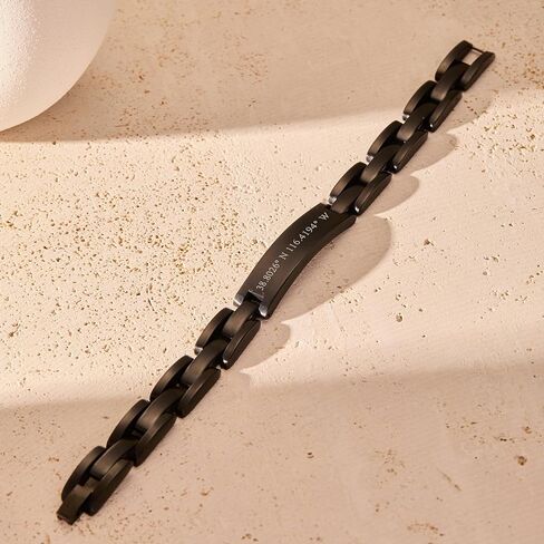 EVE'S ADDICTION Custom Black Plated Stainless Steel Men's Coordinate Bracelet, 8.5 inches - Gifts for Dad in Saudi Arabia