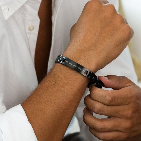 EVE'S ADDICTION Custom Black Plated Stainless Steel Men's Coordinate Bracelet, 8.5 inches - Gifts for Dad in Saudi Arabia