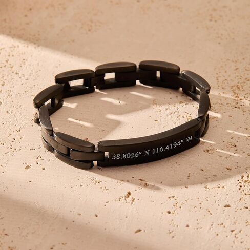 EVE'S ADDICTION Custom Black Plated Stainless Steel Men's Coordinate Bracelet, 8.5 inches - Gifts for Dad in Saudi Arabia