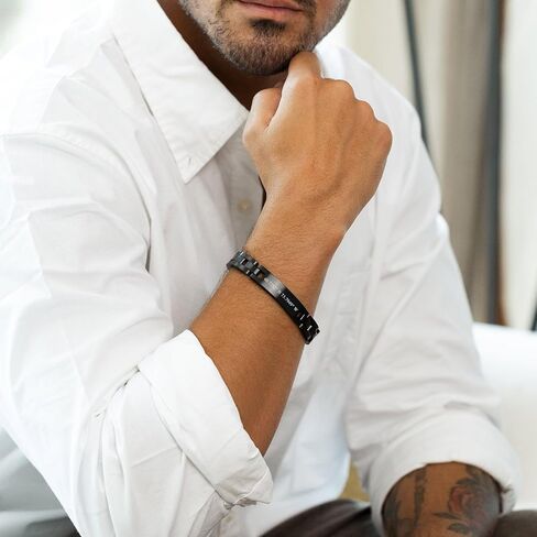EVE'S ADDICTION Custom Black Plated Stainless Steel Men's Coordinate Bracelet, 8.5 inches - Gifts for Dad in Saudi Arabia