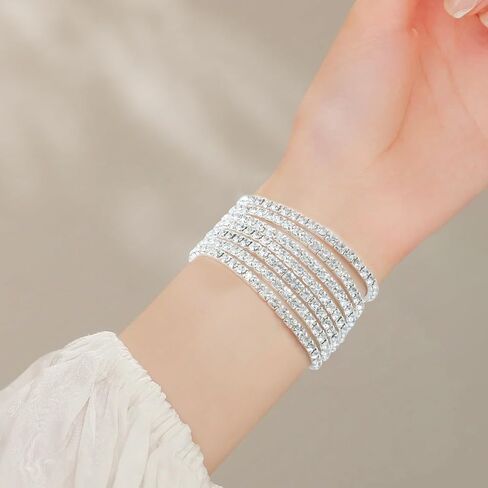 7 Pcs Silver Plated Bracelets for Women Dainty Adjustable Stackable Stretch Bracelet for Women Classic Jewelry Set Round Rhinestones Wedding Party Jewelry Gift in Saudi Arabia