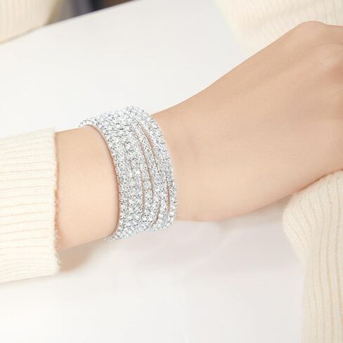 7 Pcs Silver Plated Bracelets for Women Dainty Adjustable Stackable Stretch Bracelet for Women Classic Jewelry Set Round Rhinestones Wedding Party Jewelry Gift in Saudi Arabia