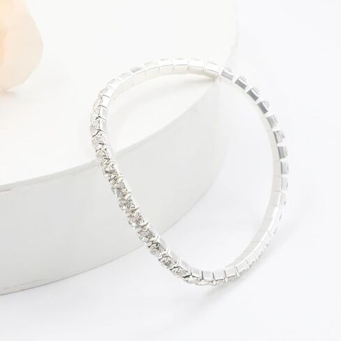 7 Pcs Silver Plated Bracelets for Women Dainty Adjustable Stackable Stretch Bracelet for Women Classic Jewelry Set Round Rhinestones Wedding Party Jewelry Gift in Saudi Arabia