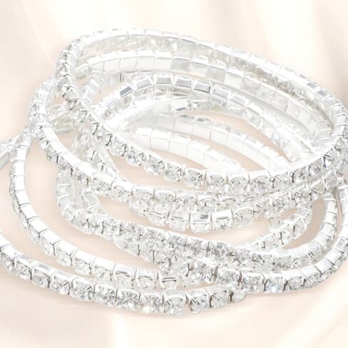 7 Pcs Silver Plated Bracelets for Women Dainty Adjustable Stackable Stretch Bracelet for Women Classic Jewelry Set Round Rhinestones Wedding Party Jewelry Gift in Saudi Arabia