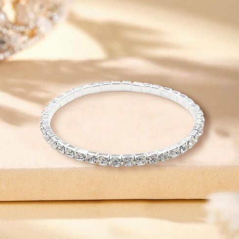 7 Pcs Silver Plated Bracelets for Women Dainty Adjustable Stackable Stretch Bracelet for Women Classic Jewelry Set Round Rhinestones Wedding Party Jewelry Gift in Saudi Arabia