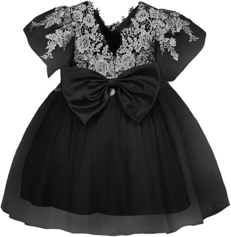 Lace Applique Flower Girl Dress for Wedding Bow Knot Tulle Short Sleeves Knee-Length V-Back Tutu Ball Gowns in Kuwait