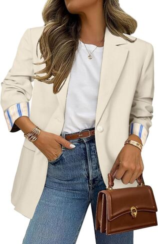 Simplee Blazer for Women Casual Long Sleeve Work Business Casual Blazers Striped Cuff Suit Jacket with Pockets in Kuwait