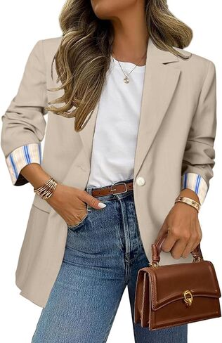 Simplee Blazer for Women Casual Long Sleeve Work Business Casual Blazers Striped Cuff Suit Jacket with Pockets in Kuwait