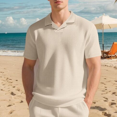 Mens Waffle Polo Shirts Short Sleeve Textured Polo Shirt Casual Golf Shirt Collared T-Shirt in Saudi Arabia