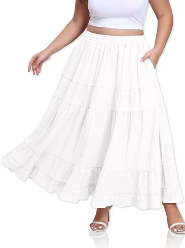 Women's Plus Size Maxi Skirt Layered Tiered Long Skirts High Waisted A Line Flowy Maxi Skirt with Pockets in Saudi Arabia