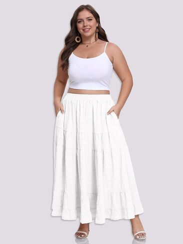 Women's Plus Size Maxi Skirt Layered Tiered Long Skirts High Waisted A Line Flowy Maxi Skirt with Pockets in Saudi Arabia