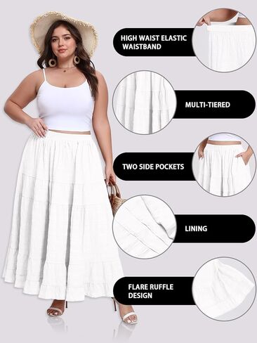 Women's Plus Size Maxi Skirt Layered Tiered Long Skirts High Waisted A Line Flowy Maxi Skirt with Pockets in Saudi Arabia