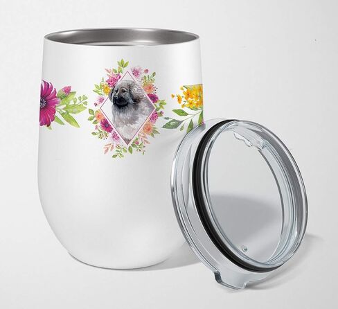 Caroline's Treasures CK4254TBL12 Brittany Spaniel Pink Flowers Stainless Steel 12 oz Stemless Wine Glass Insulated Wine Tumbler with Lid, Cute Travel Cup for Coffee, Cocktails, Gift Women, Mother in Kuwait
