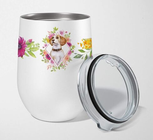 Caroline's Treasures CK4254TBL12 Brittany Spaniel Pink Flowers Stainless Steel 12 oz Stemless Wine Glass Insulated Wine Tumbler with Lid, Cute Travel Cup for Coffee, Cocktails, Gift Women, Mother in Kuwait