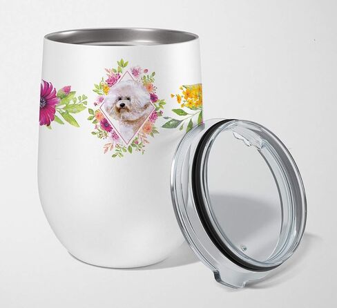 Caroline's Treasures CK4254TBL12 Brittany Spaniel Pink Flowers Stainless Steel 12 oz Stemless Wine Glass Insulated Wine Tumbler with Lid, Cute Travel Cup for Coffee, Cocktails, Gift Women, Mother in Kuwait