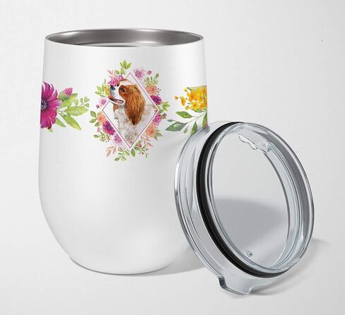 Caroline's Treasures CK4254TBL12 Brittany Spaniel Pink Flowers Stainless Steel 12 oz Stemless Wine Glass Insulated Wine Tumbler with Lid, Cute Travel Cup for Coffee, Cocktails, Gift Women, Mother in Kuwait