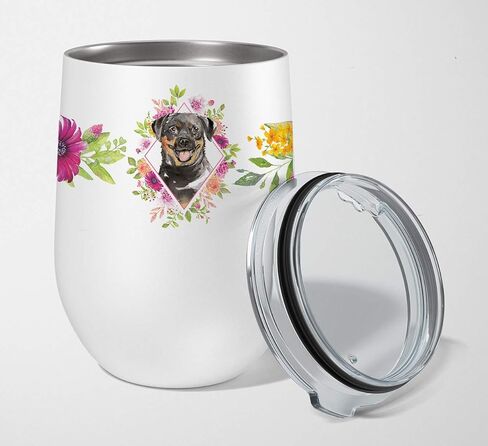 Caroline's Treasures CK4254TBL12 Brittany Spaniel Pink Flowers Stainless Steel 12 oz Stemless Wine Glass Insulated Wine Tumbler with Lid, Cute Travel Cup for Coffee, Cocktails, Gift Women, Mother in Kuwait