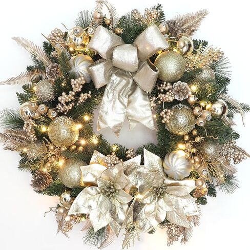 24 Inch Christmas Wreath for Front Door Artificial Christmas Wreath Decor with, Pine Needles, Golden Decorations, and Bows, Perfect for Indoor/Outdoor Christmas Holiday Decor(with Hook) in Saudi Arabia