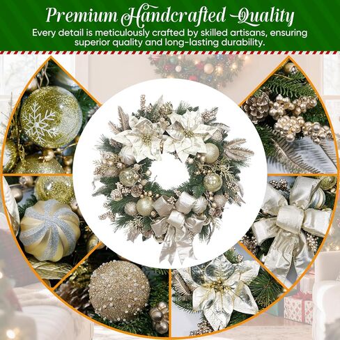 24 Inch Christmas Wreath for Front Door Artificial Christmas Wreath Decor with, Pine Needles, Golden Decorations, and Bows, Perfect for Indoor/Outdoor Christmas Holiday Decor(with Hook) in Saudi Arabia