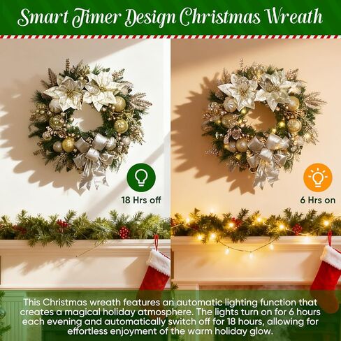 24 Inch Christmas Wreath for Front Door Artificial Christmas Wreath Decor with, Pine Needles, Golden Decorations, and Bows, Perfect for Indoor/Outdoor Christmas Holiday Decor(with Hook) in Saudi Arabia