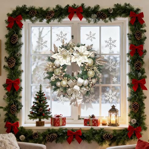24 Inch Christmas Wreath for Front Door Artificial Christmas Wreath Decor with, Pine Needles, Golden Decorations, and Bows, Perfect for Indoor/Outdoor Christmas Holiday Decor(with Hook) in Saudi Arabia