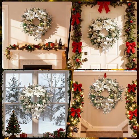 24 Inch Christmas Wreath for Front Door Artificial Christmas Wreath Decor with, Pine Needles, Golden Decorations, and Bows, Perfect for Indoor/Outdoor Christmas Holiday Decor(with Hook) in Saudi Arabia