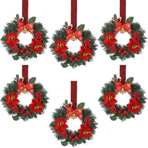 Zeyune 12 Pcs Small Christmas Wreaths for Kitchen Cabinets with Plaid Bow Ribbon Hanging Mini Christmas Cabinet Door Wreaths Decor for Kitchen Window Outdoor Indoor Holiday, 14.96 x 7.87'' in Saudi Arabia