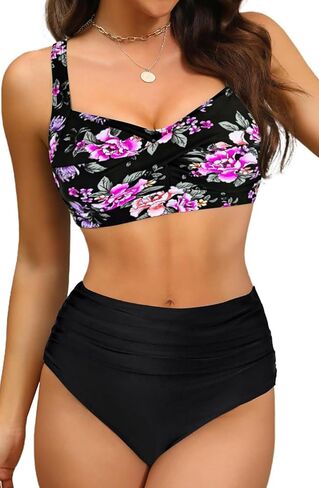 Women's Twist Front Full Coverage Swimsuit V Neck Padded High Waisted Ruched Bikini Set Two Piece Bathing Suit in Kuwait