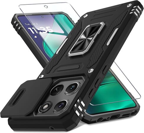 DEERLAMN Case Compatible with Moto G Play 4G 2024 with Slide Camera Cover+Screen Protector (1 Pack),Rotated Ring Kickstand Military Grade Shockproof Protective Cover -Red in Kuwait