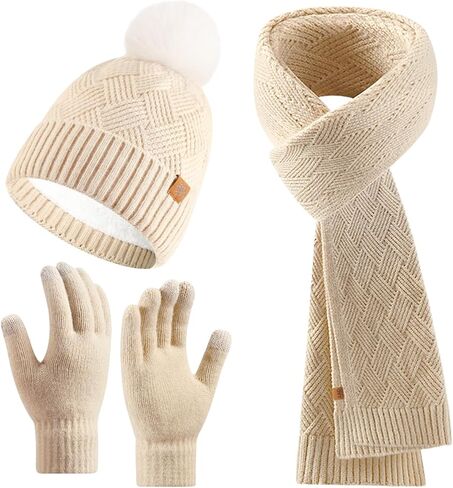 Womens Winter Hat Gloves Scarf Set, Warm Knit Pom Pom Beanie with Fleece Lined Long Neck Scarf Touchscreen Gloves Gift in Saudi Arabia