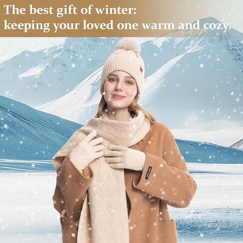 Womens Winter Hat Gloves Scarf Set, Warm Knit Pom Pom Beanie with Fleece Lined Long Neck Scarf Touchscreen Gloves Gift in Saudi Arabia