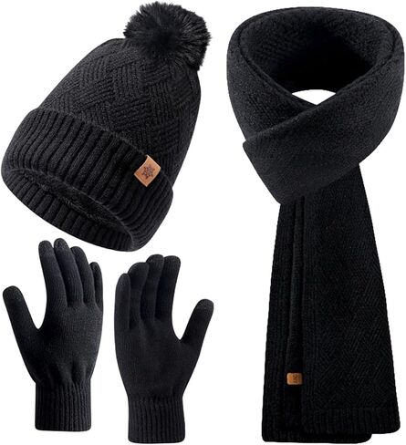 Womens Winter Hat Gloves Scarf Set, Warm Knit Pom Pom Beanie with Fleece Lined Long Neck Scarf Touchscreen Gloves Gift in Saudi Arabia