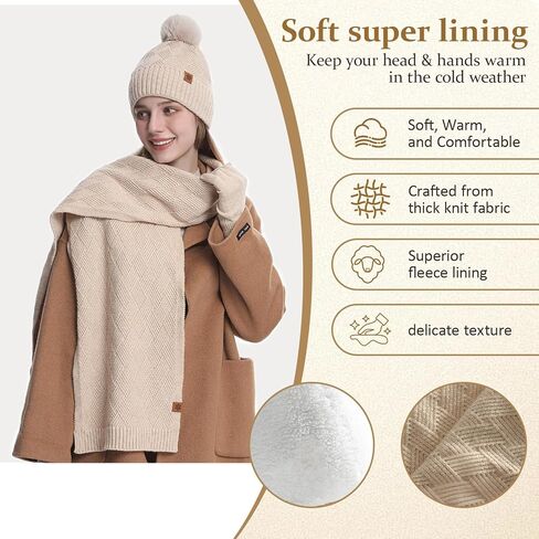 Womens Winter Hat Gloves Scarf Set, Warm Knit Pom Pom Beanie with Fleece Lined Long Neck Scarf Touchscreen Gloves Gift in Saudi Arabia