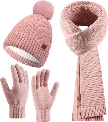 Womens Winter Hat Gloves Scarf Set, Warm Knit Pom Pom Beanie with Fleece Lined Long Neck Scarf Touchscreen Gloves Gift in Saudi Arabia