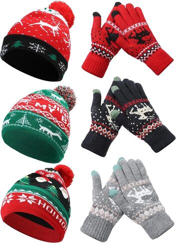 JaGely 6 Pcs Christmas Women Winter Beanie Hat Gloves Set Warm Santa Knitted Hats with Pom Pom and Touchscreen Gloves Lady Cold Gifts for Christmas Winter New Year Holiday in Saudi Arabia