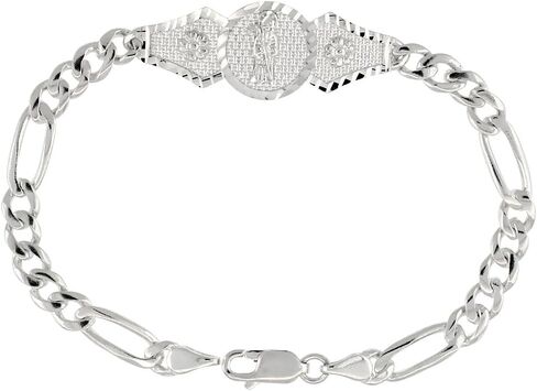 Sterling Silver Santa Muerte Bracelet for Women with Figaro Links 1/2 inch Wide Available 7-8 inch in Saudi Arabia