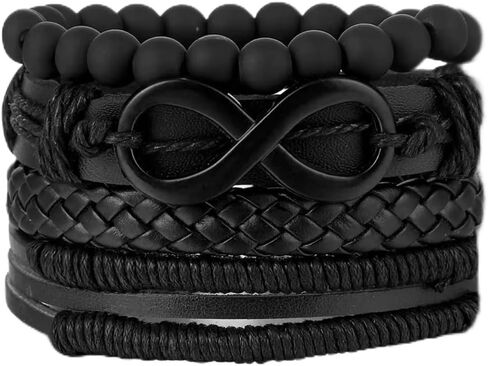 Black Leather Bracelet Set for Men, 4 Piece Braided and Beaded Stack with Infinity Symbol in Saudi Arabia