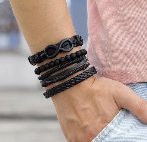 Black Leather Bracelet Set for Men, 4 Piece Braided and Beaded Stack with Infinity Symbol in Saudi Arabia